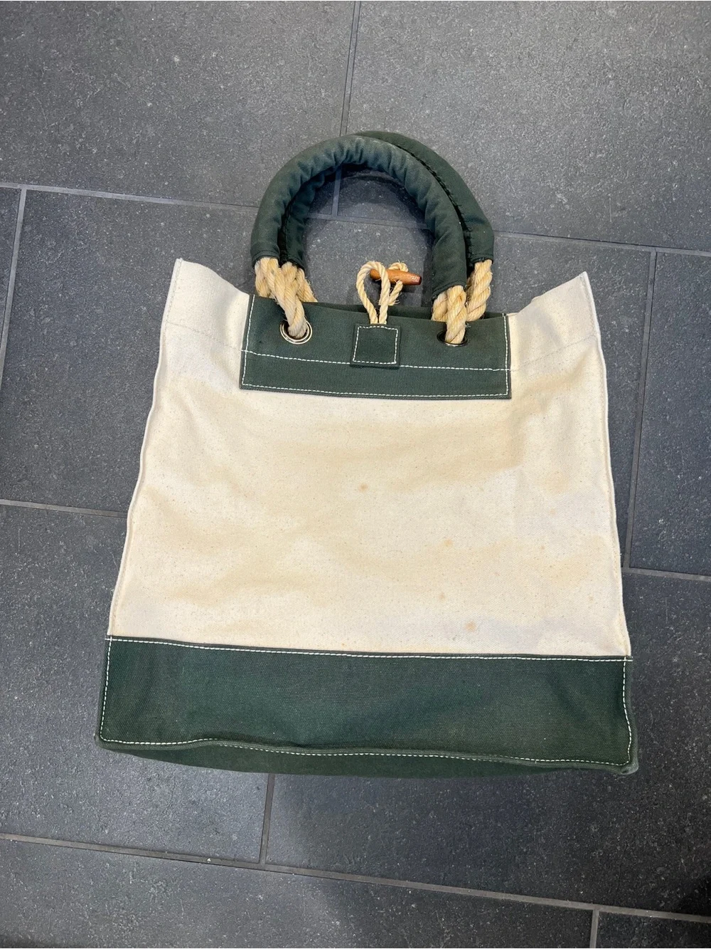 Wathne Cream and Dark Green Canvas Tote with Rope Handles
